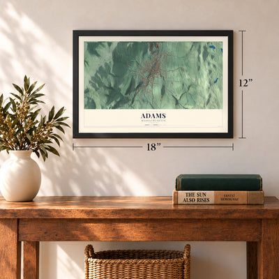 Adams, Massachusetts map, 12 x 18 inch print in a black frame in an entryway