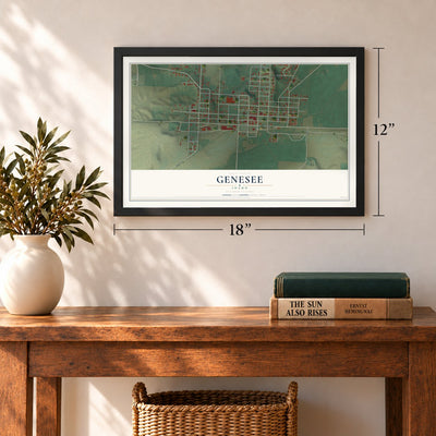 Genesee, Idaho map, 12 x 18 inch print in a black frame in an entryway