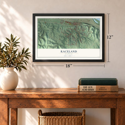 Raceland, Kentucky map, 12 x 18 inch print in a black frame in an entryway