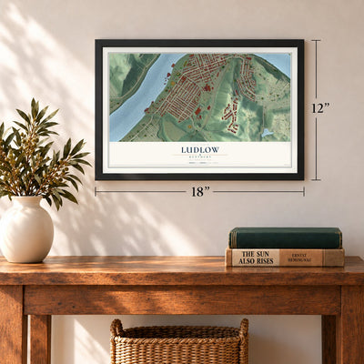 Ludlow, Kentucky map, 12 x 18 inch print in a black frame in an entryway