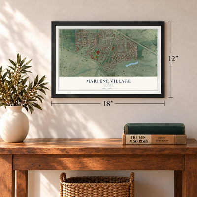 Marlene Village, Oregon map, 12 x 18 inch print in a black frame in an entryway