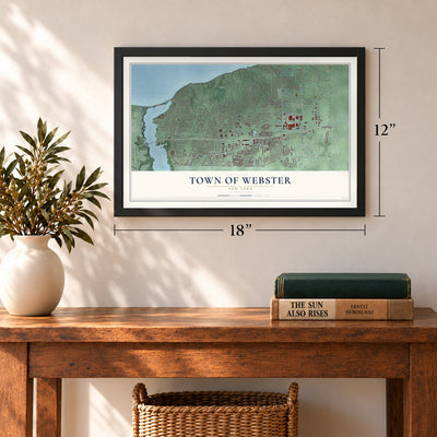 Town of Webster, New York map, 12 x 18 inch print in a black frame in an entryway