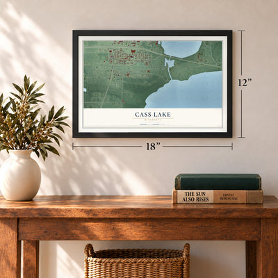 Cass Lake, Minnesota map, 12 x 18 inch print in a black frame in an entryway