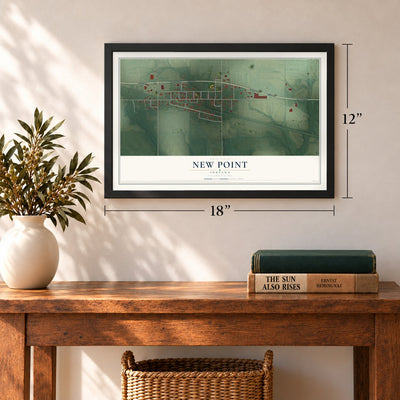 New Point, Indiana map, 12 x 18 inch print in a black frame in an entryway