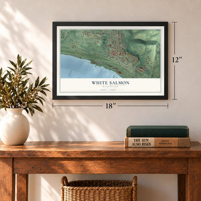 White Salmon, Washington map, 12 x 18 inch print in a black frame in an entryway