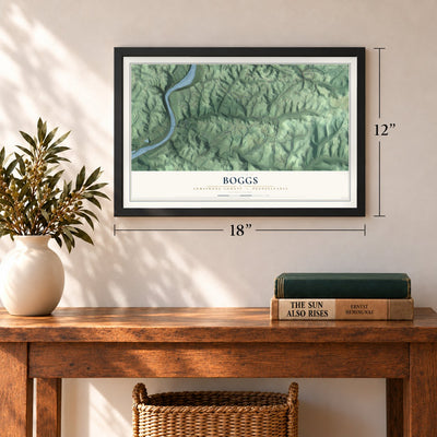 Boggs, Armstrong County, Pennsylvania map, 12 x 18 inch print in a black frame in an entryway