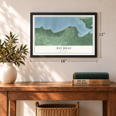 Bay Mills, Michigan map, 12 x 18 inch print in a black frame in an entryway