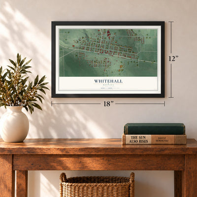 Whitehall, Montana map, 12 x 18 inch print in a black frame in an entryway