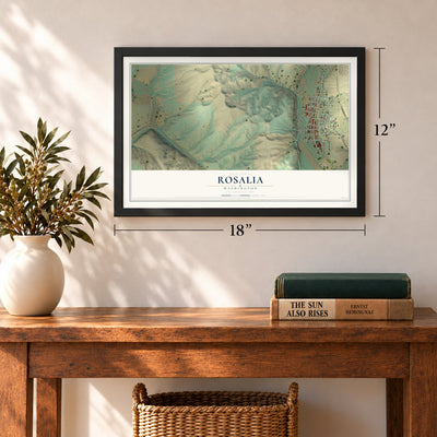 Rosalia, Washington map, 12 x 18 inch print in a black frame in an entryway