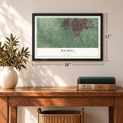 Wichita, Kansas map, 12 x 18 inch print in a black frame in an entryway