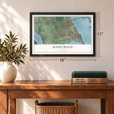 Jensen Beach, Florida map, 12 x 18 inch print in a black frame in an entryway