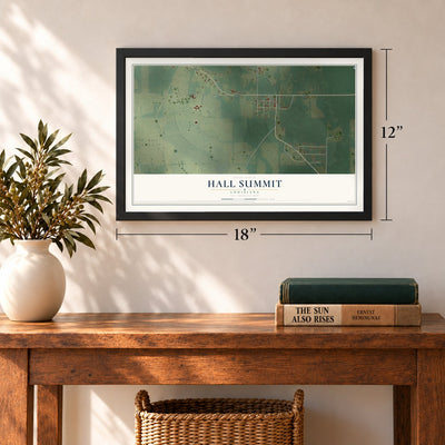 Hall Summit, Louisiana map, 12 x 18 inch print in a black frame in an entryway