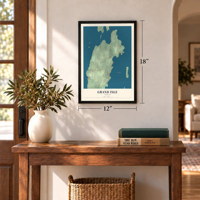 Grand Isle, Vermont map, 12 x 18 inch print in a black frame in an entryway