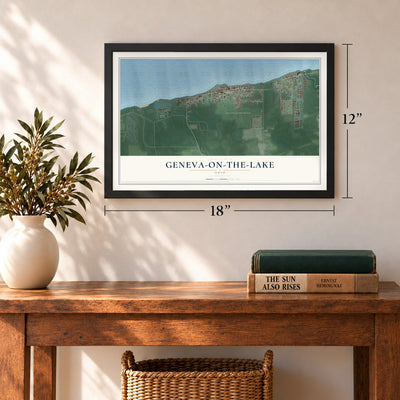 Geneva-on-the-Lake, Ohio map, 12 x 18 inch print in a black frame in an entryway