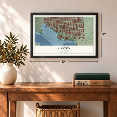 Canton, Maryland map, 12 x 18 inch print in a black frame in an entryway