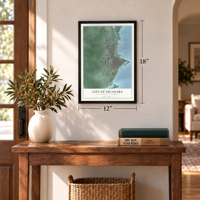 Escanaba, Michigan map, 12 x 18 inch print in a black frame in an entryway