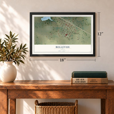 Bellevue, Texas map, 12 x 18 inch print in a black frame in an entryway