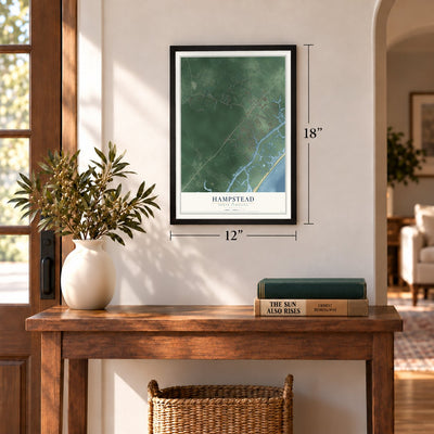 Hampstead, North Carolina map, 12 x 18 inch print in a black frame in an entryway