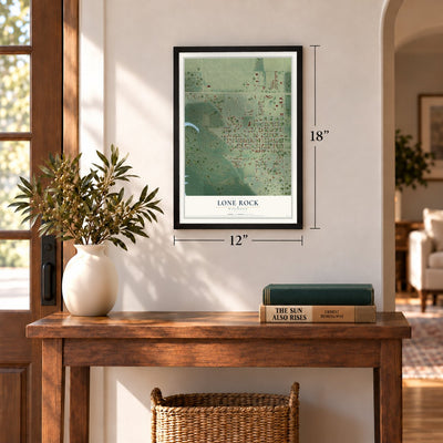 Lone Rock, Wisconsin map, 12 x 18 inch print in a black frame in an entryway