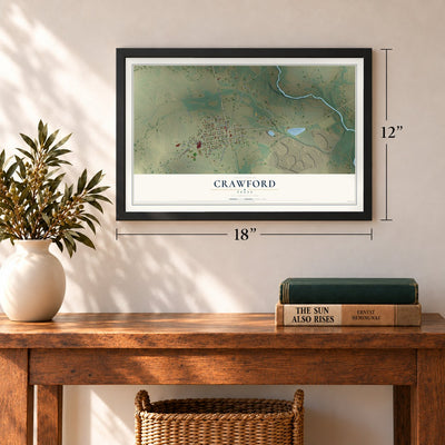 Crawford, Texas map, 12 x 18 inch print in a black frame in an entryway