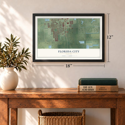 Florida City, Florida map, 12 x 18 inch print in a black frame in an entryway