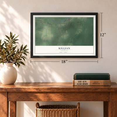 Killian, Louisiana map, 12 x 18 inch print in a black frame in an entryway