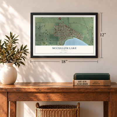 McCullom Lake, Illinois map, 12 x 18 inch print in a black frame in an entryway