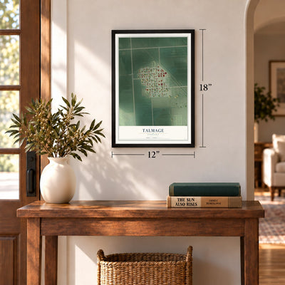 Talmage, Nebraska map, 12 x 18 inch print in a black frame in an entryway