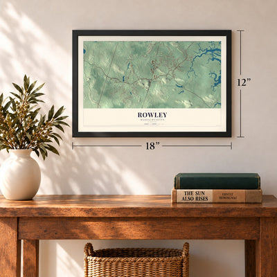 Rowley, Massachusetts map, 12 x 18 inch print in a black frame in an entryway