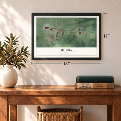 Russia, Ohio map, 12 x 18 inch print in a black frame in an entryway