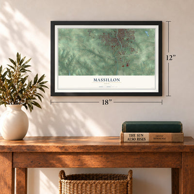 Massillon, Ohio map, 12 x 18 inch print in a black frame in an entryway