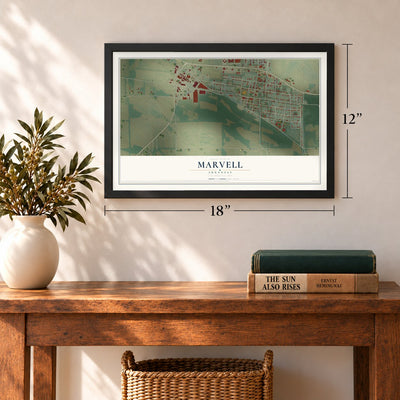 Marvell, Arkansas map, 12 x 18 inch print in a black frame in an entryway