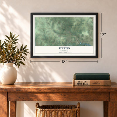 Stettin, Wisconsin map, 12 x 18 inch print in a black frame in an entryway