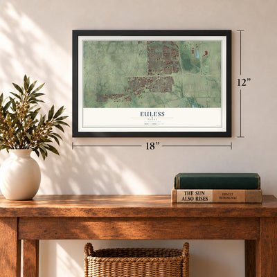 Euless, Texas map, 12 x 18 inch print in a black frame in an entryway