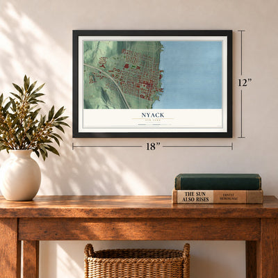 Nyack, New York map, 12 x 18 inch print in a black frame in an entryway