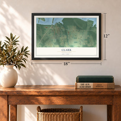 Clark, Pennsylvania map, 12 x 18 inch print in a black frame in an entryway