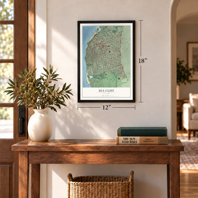 Sea Cliff, New York map, 12 x 18 inch print in a black frame in an entryway
