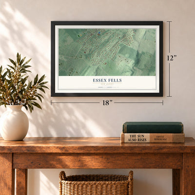 Essex Fells, New Jersey map, 12 x 18 inch print in a black frame in an entryway