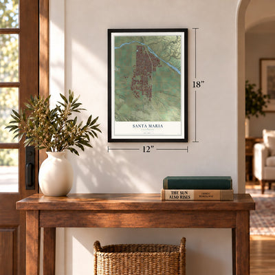 Santa Maria, California map, 12 x 18 inch print in a black frame in an entryway