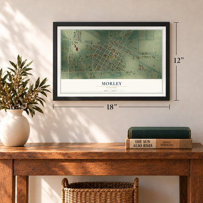 Morley, Missouri map, 12 x 18 inch print in a black frame in an entryway
