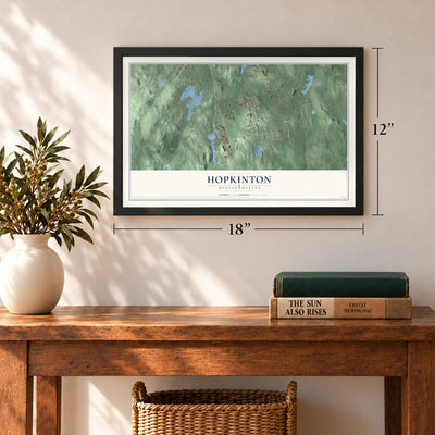 Hopkinton, Massachusetts map, 12 x 18 inch print in a black frame in an entryway