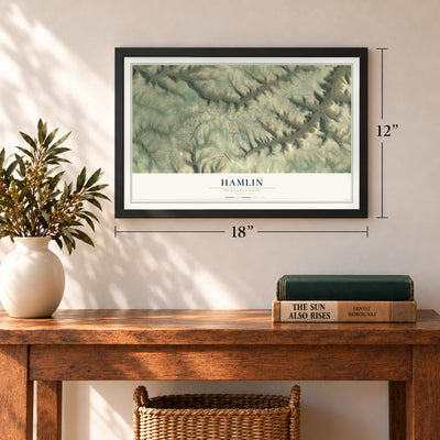 Hamlin, Pennsylvania map, 12 x 18 inch print in a black frame in an entryway
