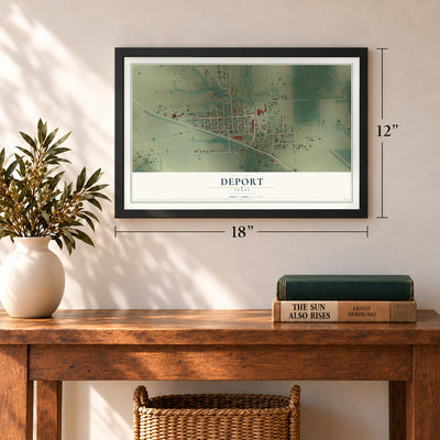 Deport, Texas map, 12 x 18 inch print in a black frame in an entryway