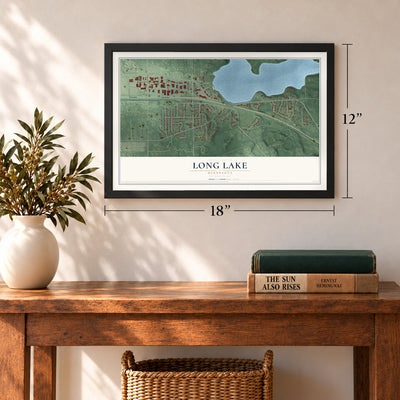 Long Lake, Minnesota map, 12 x 18 inch print in a black frame in an entryway