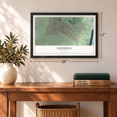 Cresskill, New Jersey map, 12 x 18 inch print in a black frame in an entryway
