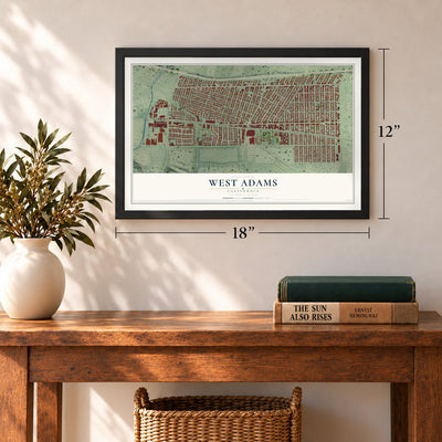 West Adams, California map, 12 x 18 inch print in a black frame in an entryway
