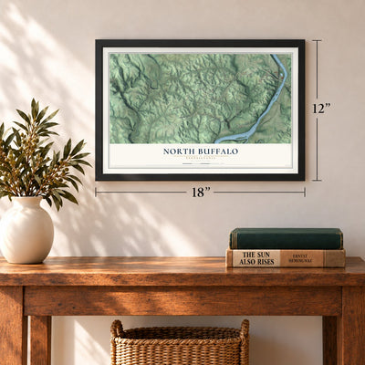 North Buffalo, Pennsylvania map, 12 x 18 inch print in a black frame in an entryway
