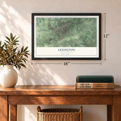 Lexington, South Carolina map, 12 x 18 inch print in a black frame in an entryway