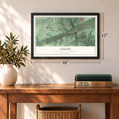 Valley, Chester County, Pennsylvania map, 12 x 18 inch print in a black frame in an entryway