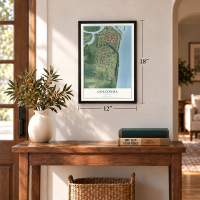 Golconda, Illinois map, 12 x 18 inch print in a black frame in an entryway